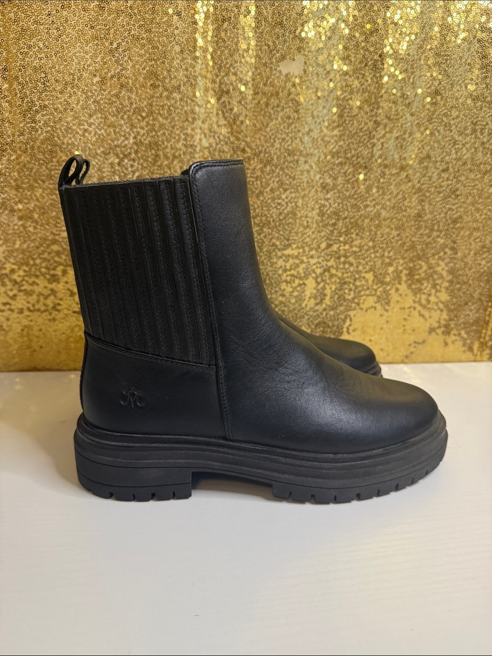 Johnston & Murphy Gianna Gore Leather  Black Chunky Boots
